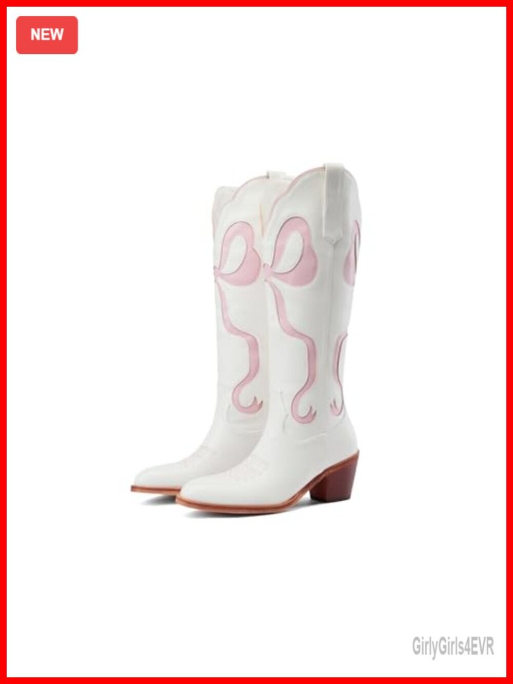 Women's White Cowgirl Boots with Bow Knee High Cowboy Boots Almond Round Toe